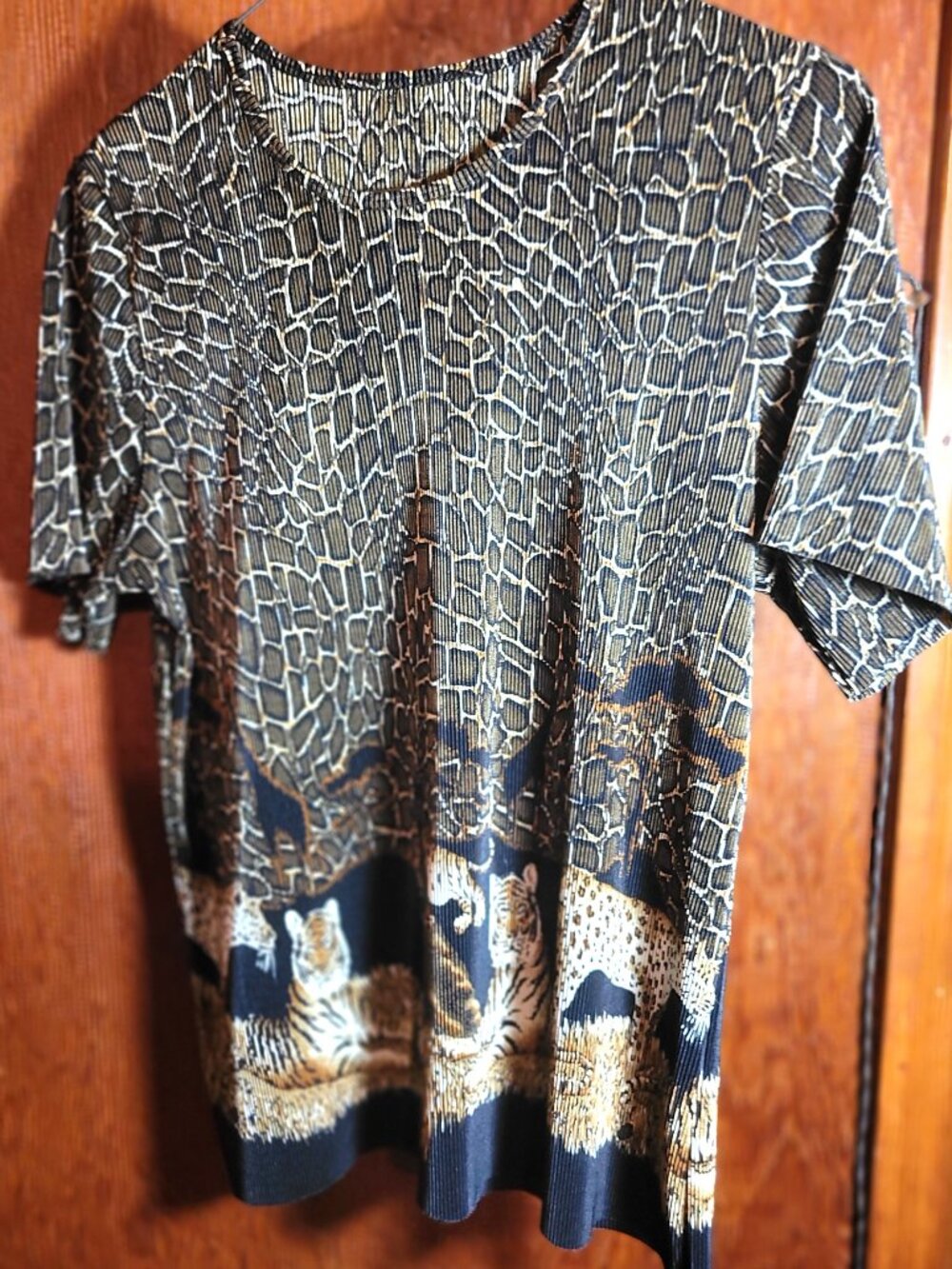 Safari Plissé Top Tiger Leopard Print Short Sleeve Blouse - Picture 12 of 13